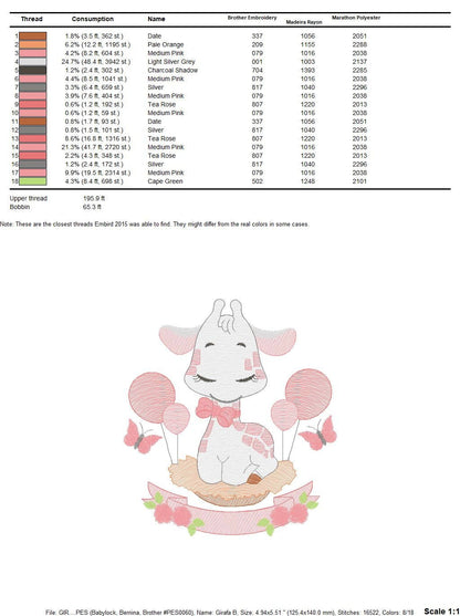 Giraffe with balloons embroidery design - Animal embroidery designs machine embroidery pattern - Girl embroidery file - instant download pes