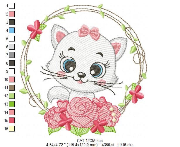 Cat embroidery design - Cat with flowers embroidery designs machine embroidery pattern - Kitten embroidery file - baby girl embroidery pes