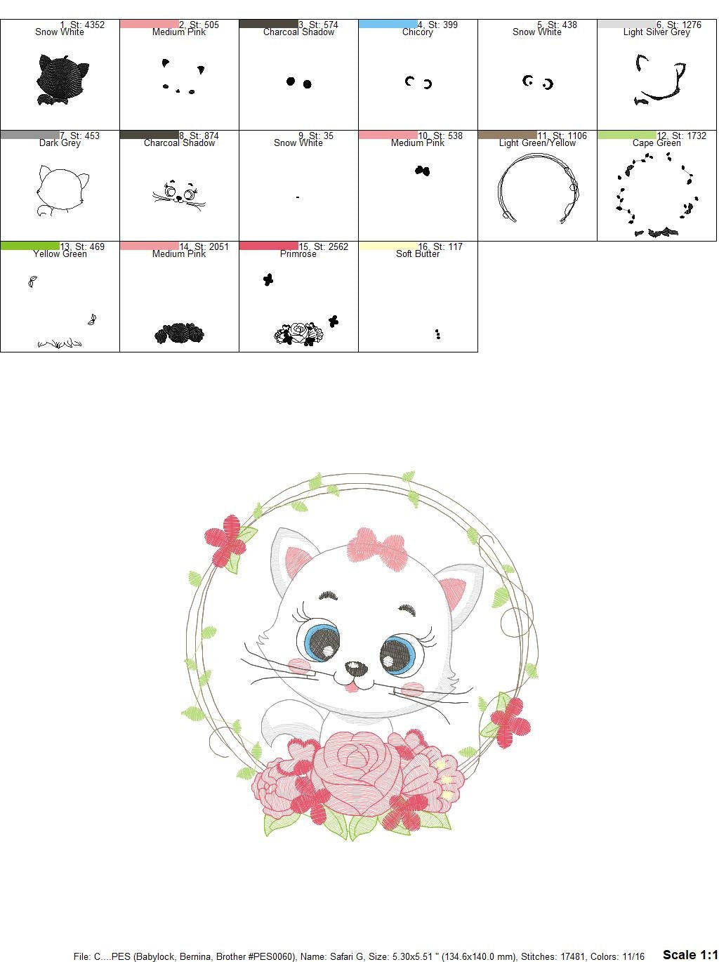 Cat embroidery design - Cat with flowers embroidery designs machine embroidery pattern - Kitten embroidery file - baby girl embroidery pes