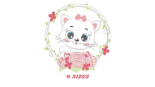 Charger l&#39;image dans la galerie, Cat embroidery design - Cat with flowers embroidery designs machine embroidery pattern - Kitten embroidery file - baby girl embroidery pes
