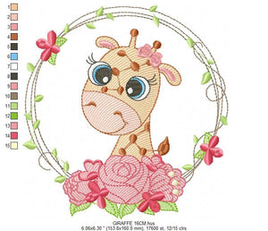 Giraffe with frame and roses embroidery designs - Safari wild animal embroidery design machine embroidery pattern - instant digital download