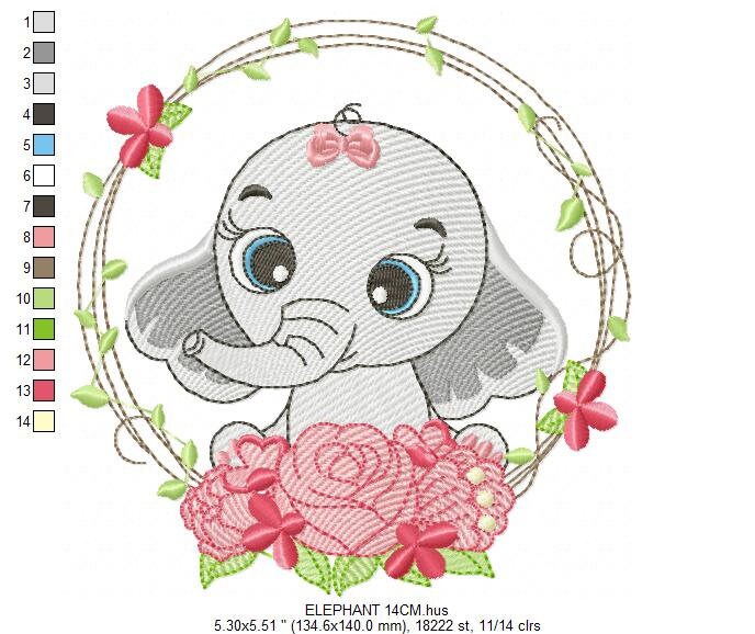 Elephant embroidery designs - Animal embroidery design machine embroidery pattern - Baby girl embroidery file - Elephant with flowers design