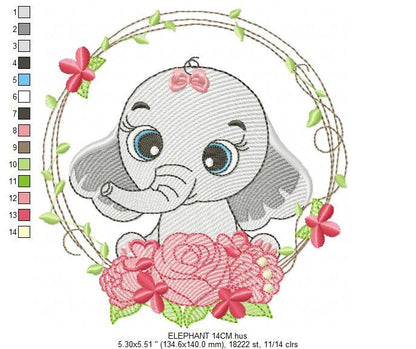 Elephant embroidery designs - Animal embroidery design machine embroidery pattern - Baby girl embroidery file - Elephant with flowers design