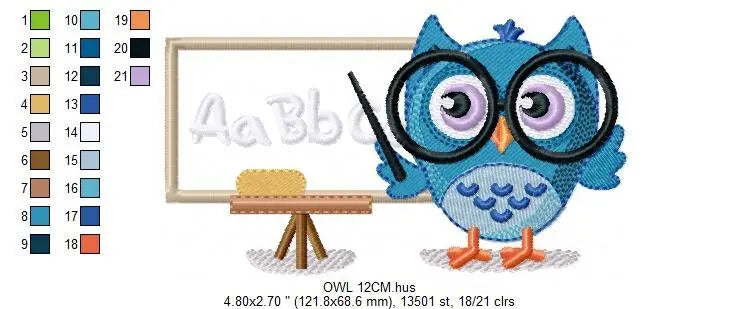 Teacher embroidery design - Owl with glasses embroidery design machine embroidery pattern - School embroidery file school teacher download Marcia Embroidery