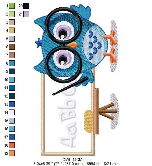 Teacher embroidery design - Owl with glasses embroidery design machine embroidery pattern - School embroidery file school teacher download Marcia Embroidery