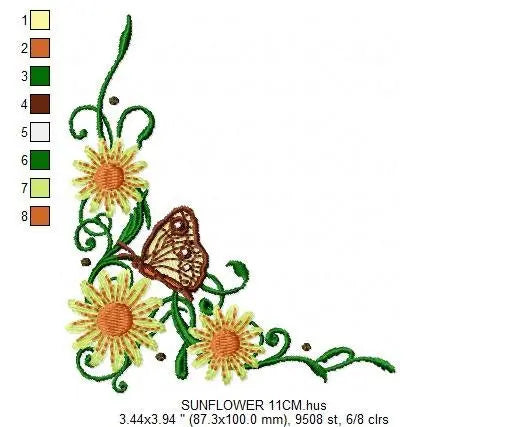 Flowers embroidery designs - Sunflower corner embroidery design machine embroidery pattern - Towel embroidery file flower applique floral Marcia Embroidery