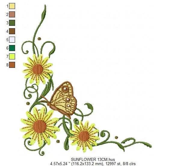 Flowers embroidery designs - Sunflower corner embroidery design machine embroidery pattern - Towel embroidery file flower applique floral Marcia Embroidery