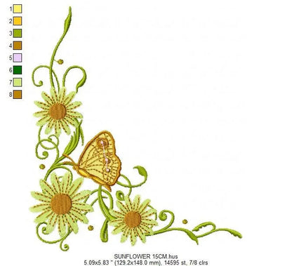 Flowers embroidery designs - Sunflower corner embroidery design machine embroidery pattern - Towel embroidery file flower applique floral Marcia Embroidery