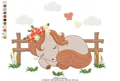 Delicate Sleeping horse embroidery design - Baby Girl embroidery designs machine embroidery pattern - Ranch Animals embroidery download Marcia Embroidery