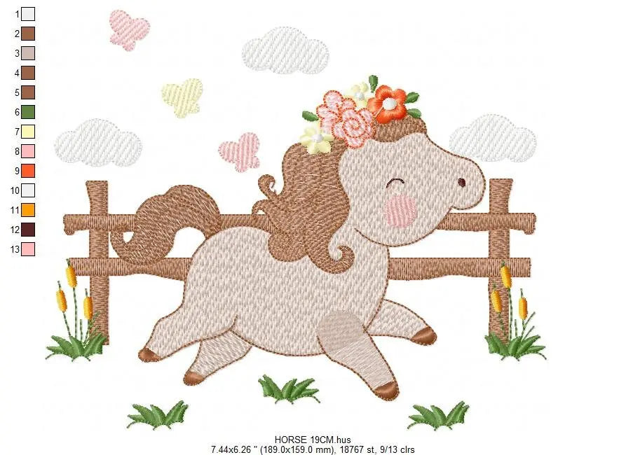 Horse with fence and flowers embroidery design - Female Pony Farm machine embroidery pattern - Baby girl file - Instant digital download pes Marcia Embroidery