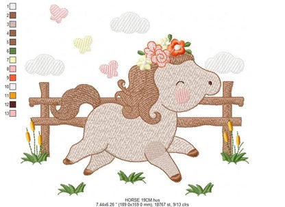 Horse with fence and flowers embroidery design - Female Pony Farm machine embroidery pattern - Baby girl file - Instant digital download pes Marcia Embroidery