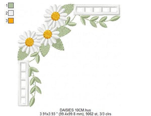 Daisies corner embroidery designs - Daisy embroidery design machine embroidery pattern - Tea towel embroidery file - kitchen apron pes jef