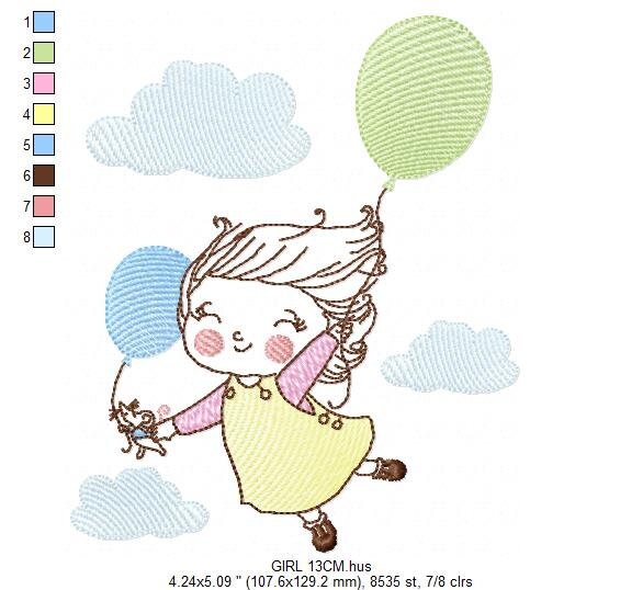 Girl with balloons embroidery designs - Toddler embroidery design machine embroidery pattern - sky clouds girl flying - instant download pes Marcia Embroidery
