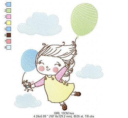 Girl with balloons embroidery designs - Toddler embroidery design machine embroidery pattern - sky clouds girl flying - instant download pes Marcia Embroidery
