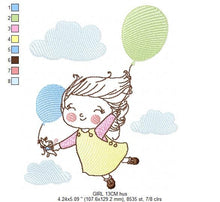 Cargar imagen en el visor de la galería, Girl with balloons embroidery designs - Toddler embroidery design machine embroidery pattern - sky clouds girl flying - instant download pes
