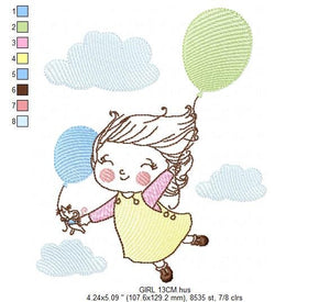 Girl with balloons embroidery designs - Toddler embroidery design machine embroidery pattern - sky clouds girl flying - instant download pes