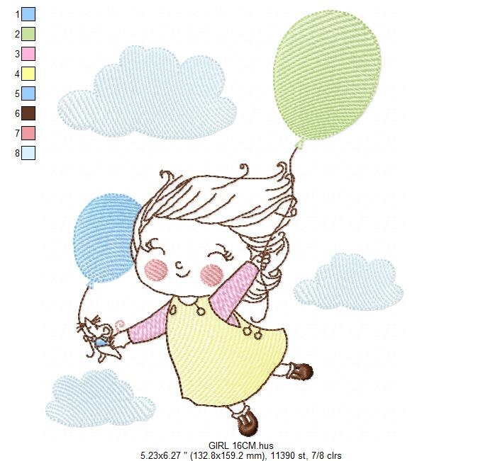 Girl with balloons embroidery designs - Toddler embroidery design machine embroidery pattern - sky clouds girl flying - instant download pes Marcia Embroidery