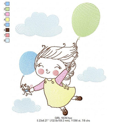 Girl with balloons embroidery designs - Toddler embroidery design machine embroidery pattern - sky clouds girl flying - instant download pes Marcia Embroidery