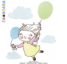 Charger l&#39;image dans la galerie, Girl with balloons embroidery designs - Toddler embroidery design machine embroidery pattern - sky clouds girl flying - instant download pes
