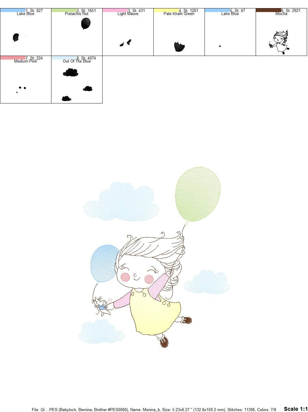 Girl with balloons embroidery designs - Toddler embroidery design machine embroidery pattern - sky clouds girl flying - instant download pes Marcia Embroidery