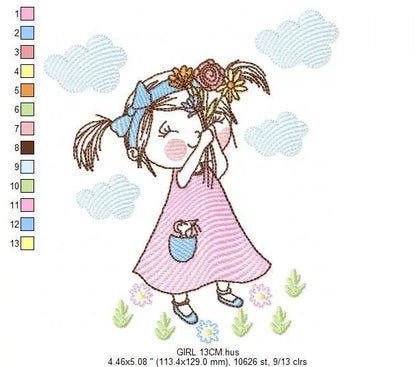 Girl embroidery designs - Flower girl embroidery design machine embroidery pattern - Girl with flowers embroidery file butterfly embroidery Marcia Embroidery