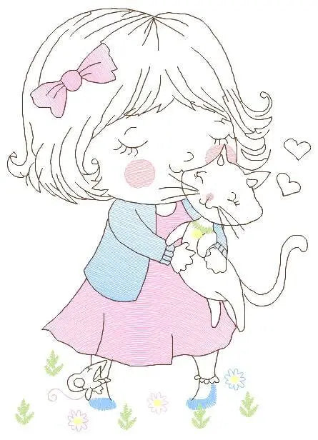 Girl with cat embroidery design - Baby girl embroidery design machine embroidery pattern - kid embroidery file - instant download digital Marcia Embroidery