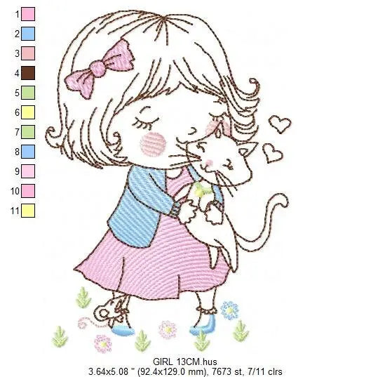 Girl with cat embroidery design - Baby girl embroidery design machine embroidery pattern - kid embroidery file - instant download digital Marcia Embroidery