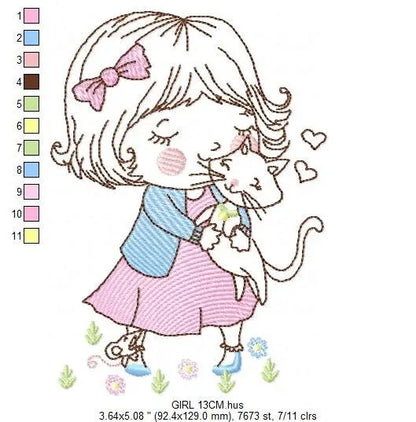 Girl with cat embroidery design - Baby girl embroidery design machine embroidery pattern - kid embroidery file - instant download digital Marcia Embroidery