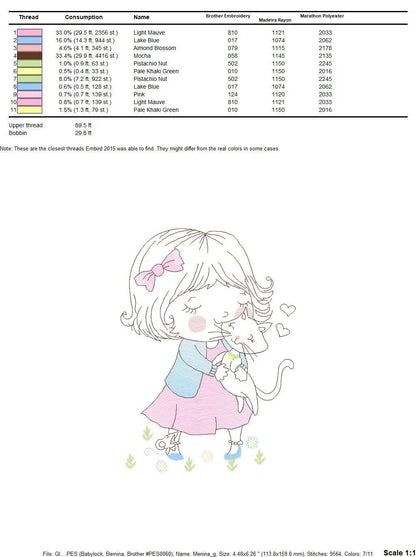Girl with cat embroidery design - Baby girl embroidery design machine embroidery pattern - kid embroidery file - instant download digital Marcia Embroidery