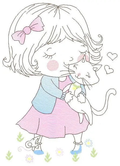 Girl with cat embroidery design - Baby girl embroidery design machine embroidery pattern - kid embroidery file - instant download digital Marcia Embroidery