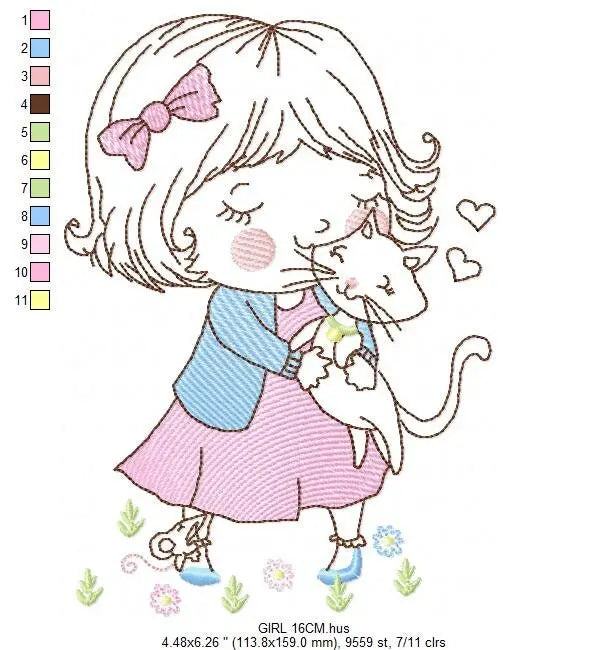 Girl with cat embroidery design - Baby girl embroidery design machine embroidery pattern - kid embroidery file - instant download digital Marcia Embroidery