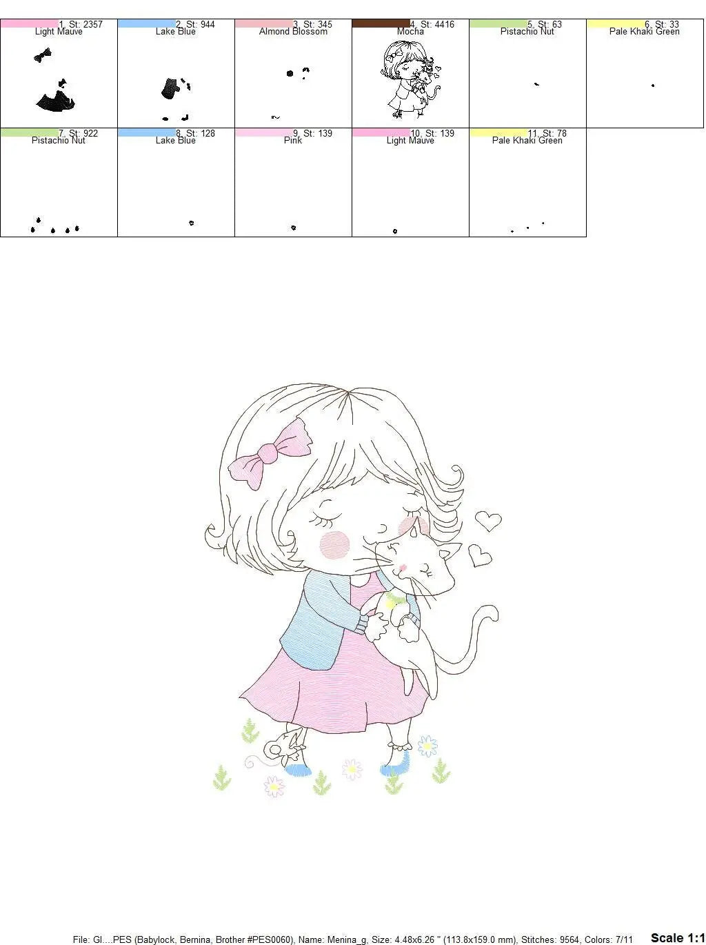Girl with cat embroidery design - Baby girl embroidery design machine embroidery pattern - kid embroidery file - instant download digital Marcia Embroidery