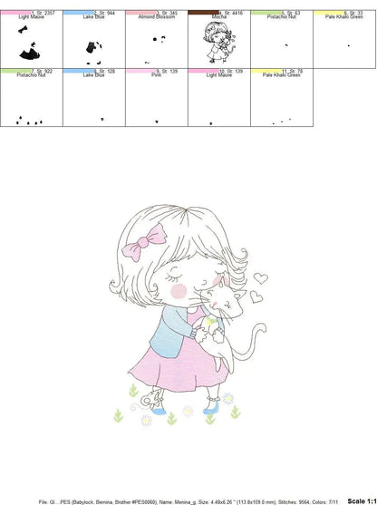 Girl with cat embroidery design - Baby girl embroidery design machine embroidery pattern - kid embroidery file - instant download digital Marcia Embroidery