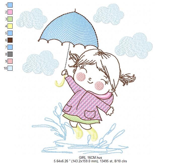 Baby girl embroidery design - Girl with umbrella embroidery designs machine embroidery pattern - girl playing rain embroidery file download
