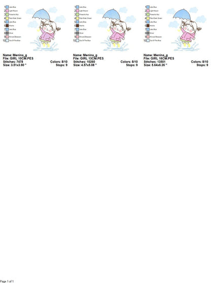 Baby girl embroidery design - Girl with umbrella embroidery designs machine embroidery pattern - girl playing rain embroidery file download