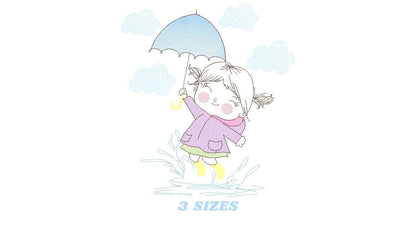 Baby girl embroidery design - Girl with umbrella embroidery designs machine embroidery pattern - girl playing rain embroidery file download
