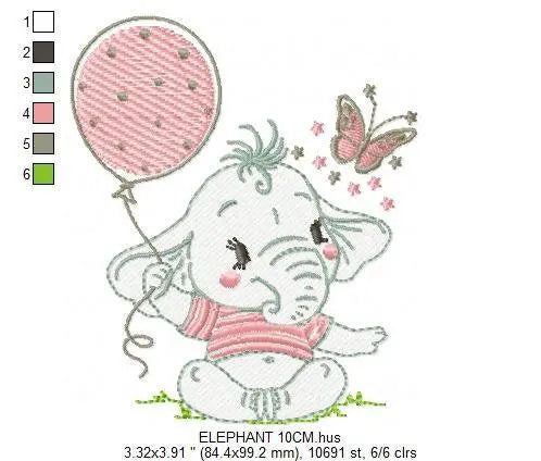 Elephant with balloon embroidery designs - Baby girl with butterfly machine embroidery pattern - Safari Wild Animal file - Instant download Marcia Embroidery