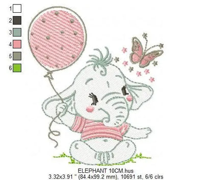 Elephant with balloon embroidery designs - Baby girl with butterfly machine embroidery pattern - Safari Wild Animal file - Instant download Marcia Embroidery