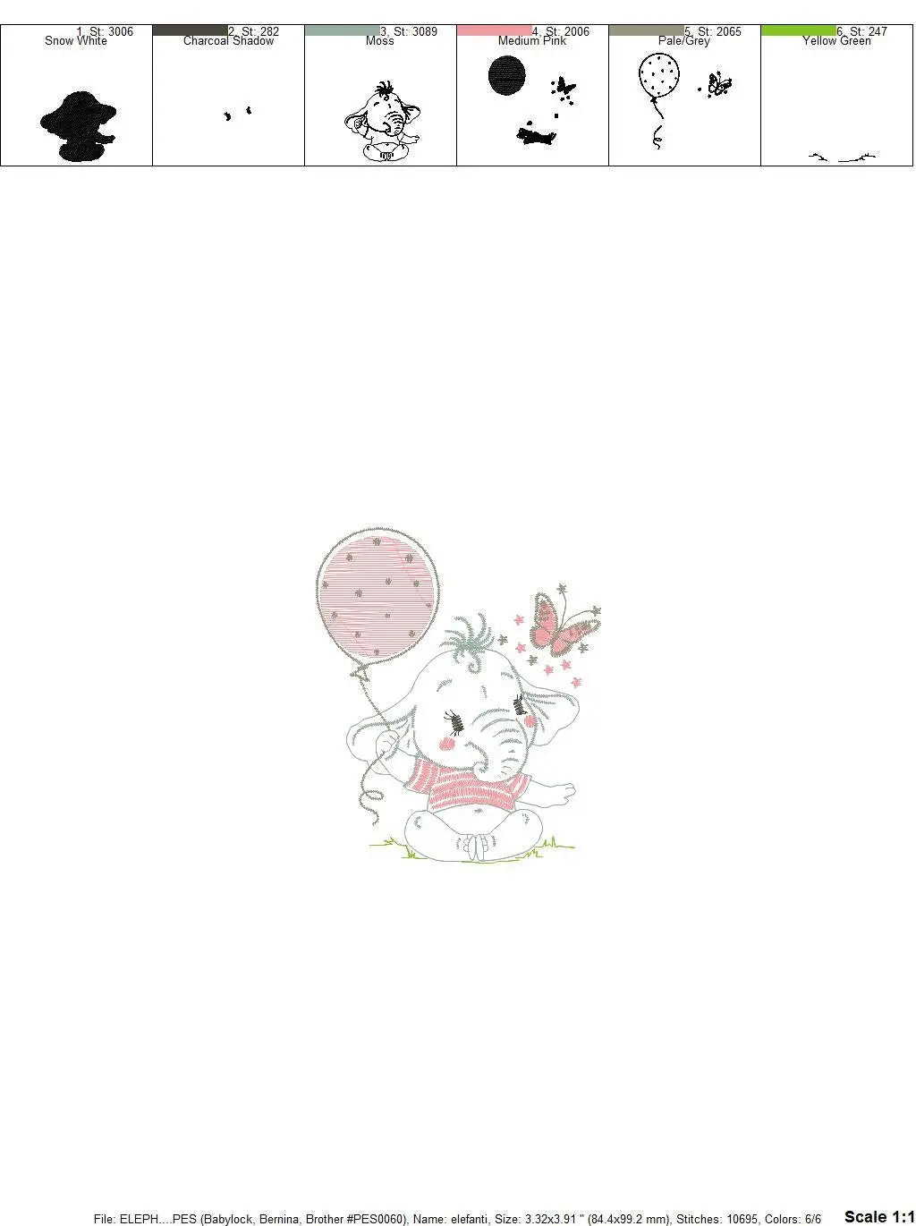 Elephant with balloon embroidery designs - Baby girl with butterfly machine embroidery pattern - Safari Wild Animal file - Instant download Marcia Embroidery