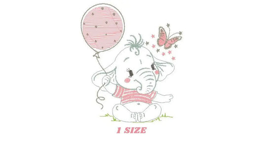 Elephant with balloon embroidery designs - Baby girl with butterfly machine embroidery pattern - Safari Wild Animal file - Instant download Marcia Embroidery
