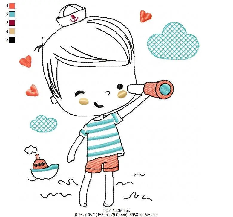 Boat embroidery design - Baby Boy with telescope machine embroidery pattern - Nautical embroidery file - Instant digital download pes jef Marcia Embroidery