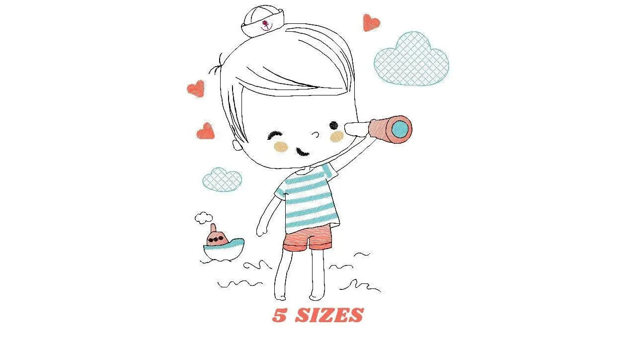 Boat embroidery design - Baby Boy with telescope machine embroidery pattern - Nautical embroidery file - Instant digital download pes jef Marcia Embroidery
