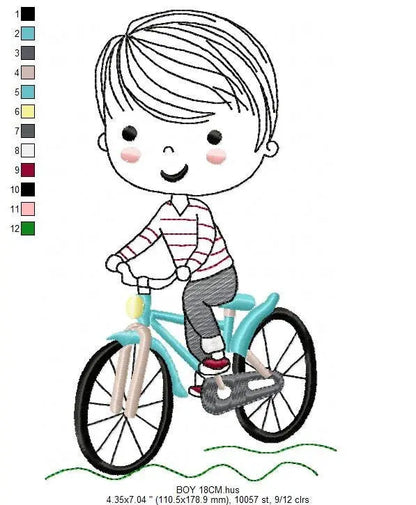 Boy with bike embroidery designs - Baby Boy with Bicycle machine embroidery pattern - Cyclist Biker kid toy - Instant digital download pes Marcia Embroidery