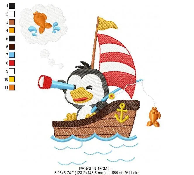 Sailor Penguin embroidery designs - Boat embroidery design machine embroidery pattern - Baby boy embroidery file - digital download hus dst Marcia Embroidery