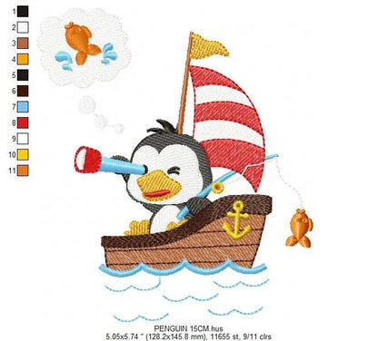 Sailor Penguin embroidery designs - Boat embroidery design machine embroidery pattern - Baby boy embroidery file - digital download hus dst Marcia Embroidery