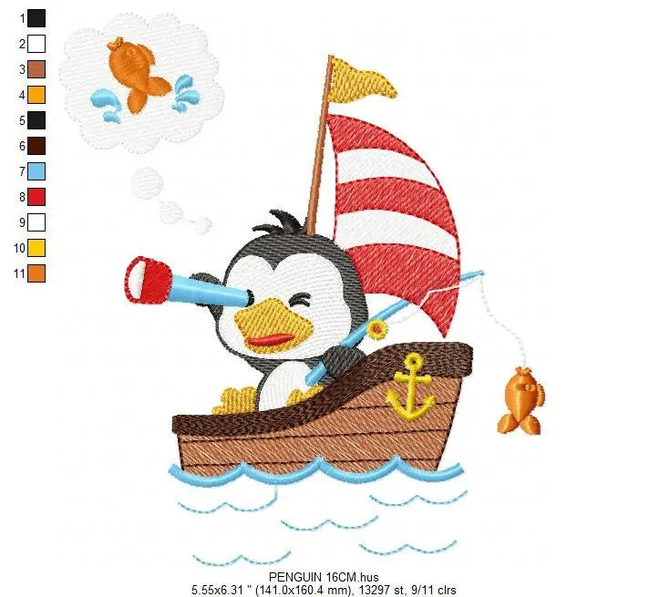 Sailor Penguin embroidery designs - Boat embroidery design machine embroidery pattern - Baby boy embroidery file - digital download hus dst Marcia Embroidery