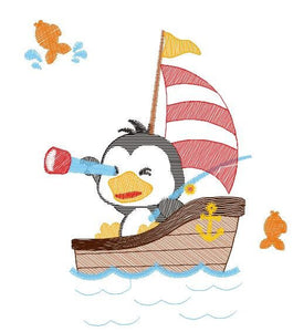 Sailor Penguin embroidery designs - Boat embroidery design machine embroidery pattern - Baby boy embroidery file - digital download hus dst