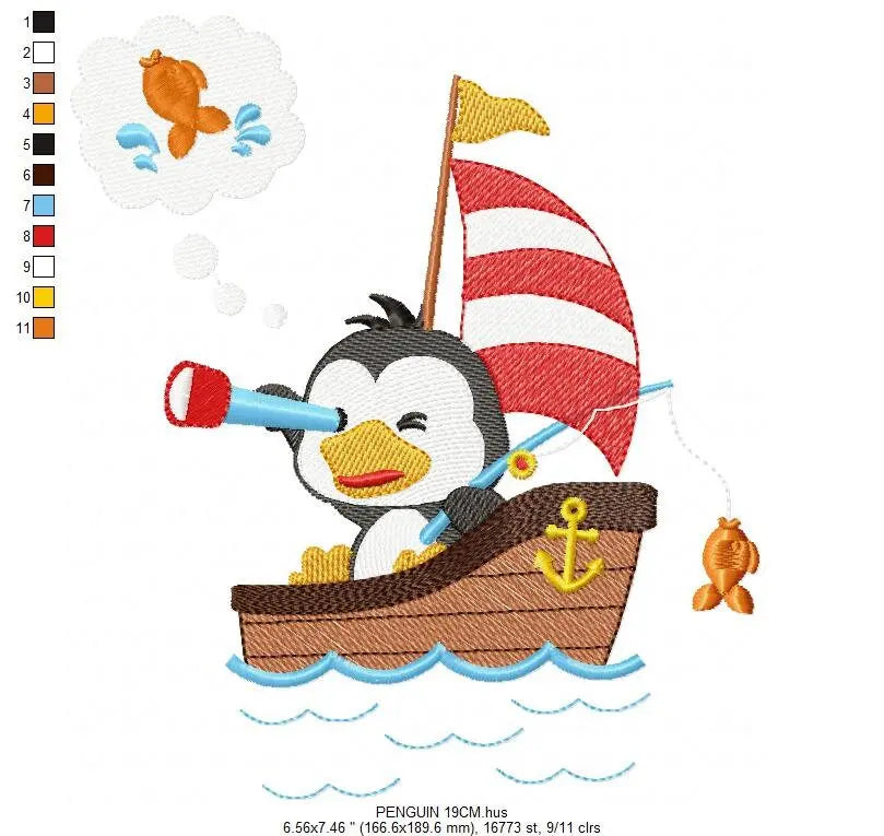 Sailor Penguin embroidery designs - Boat embroidery design machine embroidery pattern - Baby boy embroidery file - digital download hus dst Marcia Embroidery