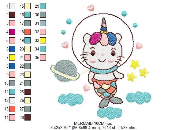 Mermaid embroidery designs - Cat astronaut embroidery design machine embroidery pattern - Mermaid cat embroidery instant download pes jef Marcia Embroidery