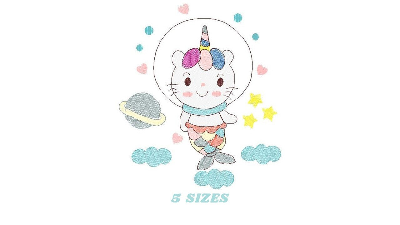 Mermaid embroidery designs - Cat astronaut embroidery design machine embroidery pattern - Mermaid cat embroidery instant download pes jef Marcia Embroidery